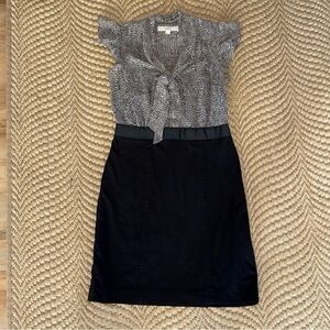 LOFT Size 4 Black White Printed Tie-Neck Midi Dress Business Attire Animal Print